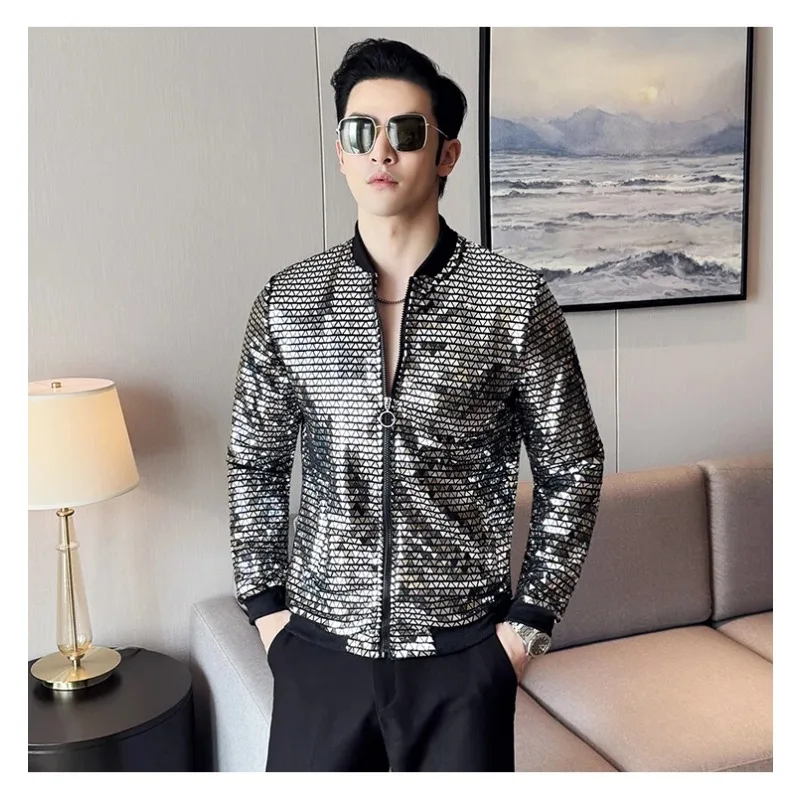 Men Fashionable Personalized Silver Sequin Jacket Summer Ball Performance Hip Hop Streetwear M45