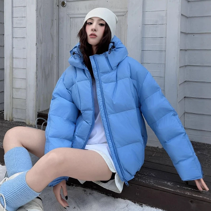 الشتاء قصيرة مقنعين الدافئة نفخة أسفل سترة الإناث الصلبة رشاقته فضفاض سستة الستر النساء الأبيض بطة أسفل رقيق باركر أبلى