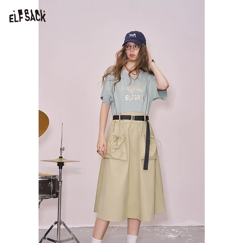 ELFSACK 2025夏新作 Y2Kテックウェア ユーティリティドレス グラフィックプリント カラーブロック Tシャツワンピース レディース