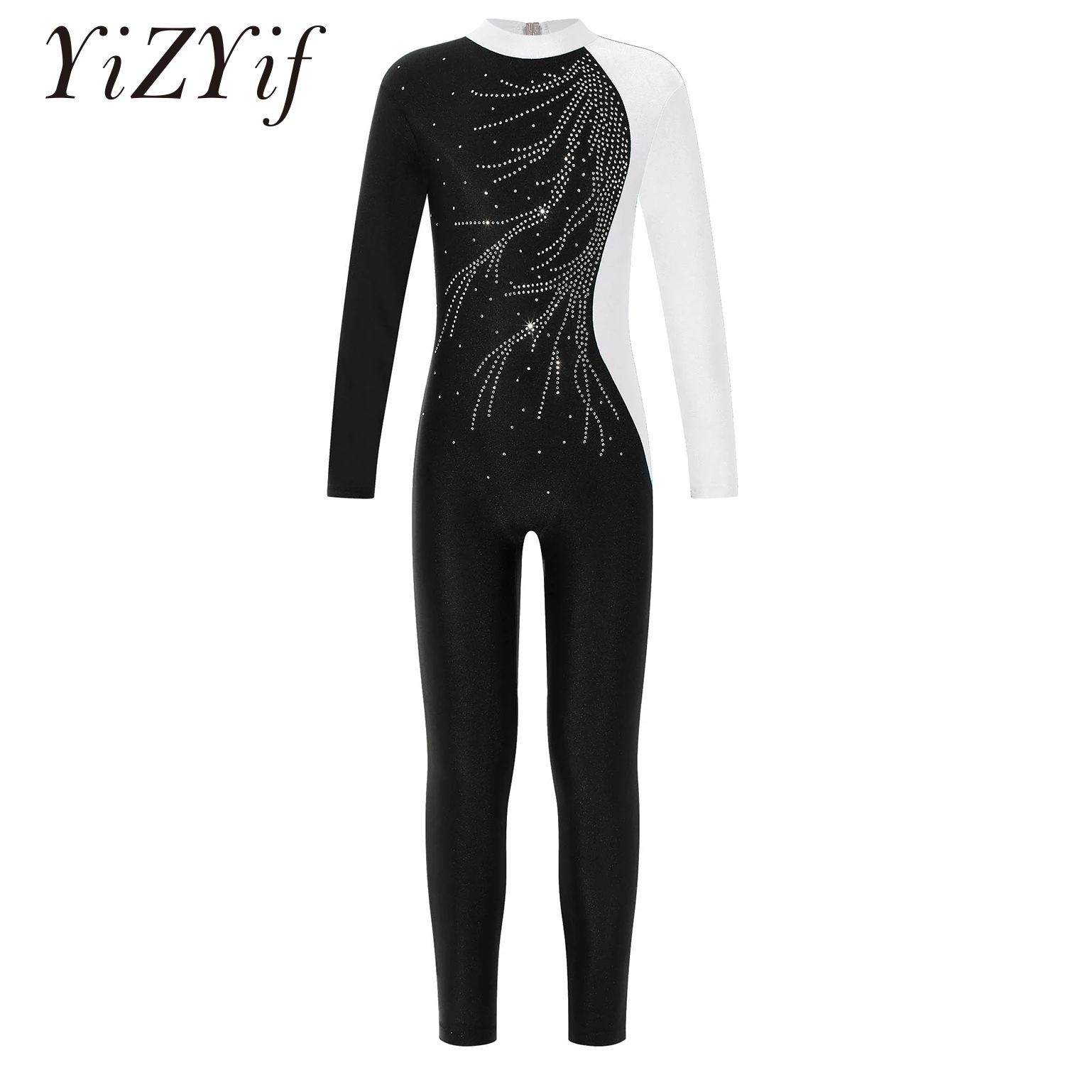 Ballet Dance Jumpsuit Gymnastics Leotard for Girls Kids Long Sleeve Rhinestone Full Body Unitard Workout Bodysuit Dancewear