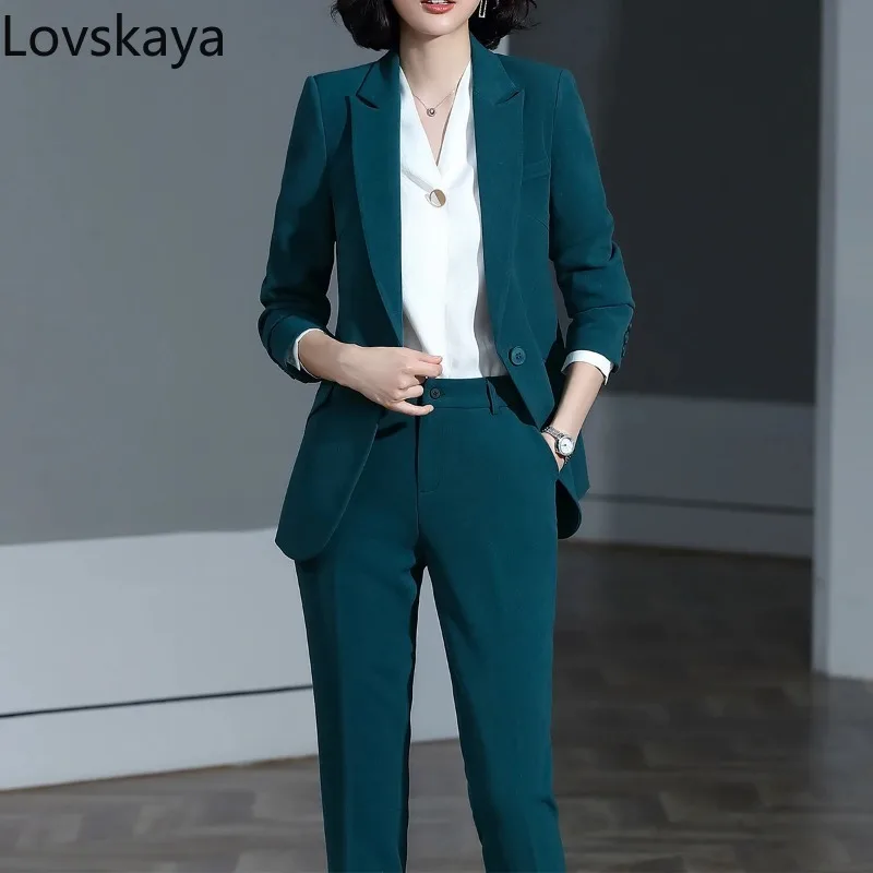 Conjunto de 2 peças de blazer de trabalho formal para mulheres, casaco com calças, terno para carreira, azul escuro vermelho e preto, tamanho