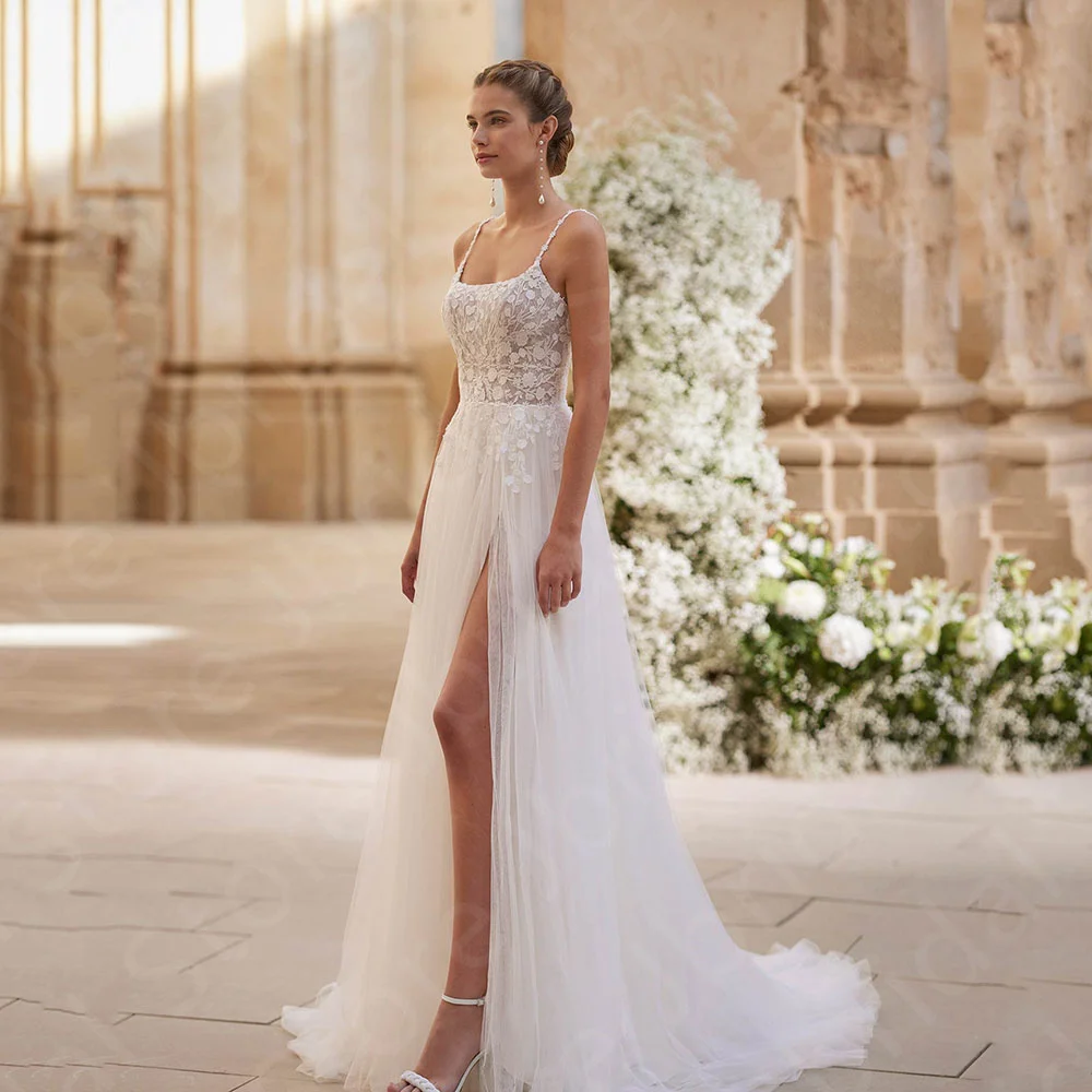 

Customized Charming Lace Wedding Dresses White Bridal Gowns with Straps Bride Dresses High Side Slit Wedding Gowns Back Out