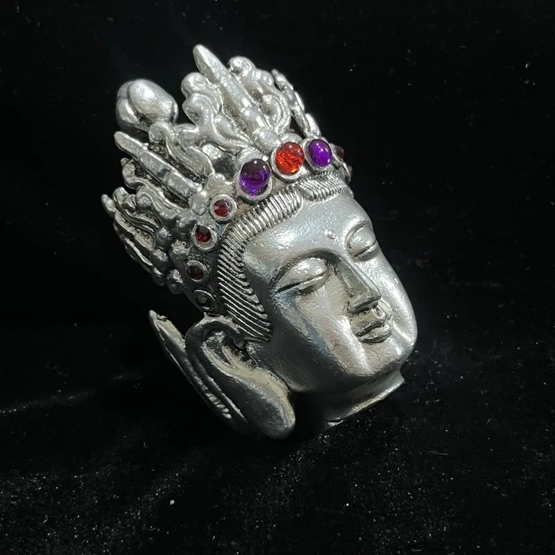 Tibetan-style inlaid Buddha head craft ornament, hand-held piece, desktop decoration
