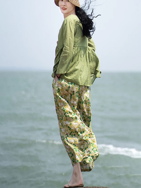 여름 얇은 캐주얼 루즈 와이드 레그 나인 포인트 팬츠 l 허리 통기성 좋은 면 100% 다용도 편안한 레저 트로...