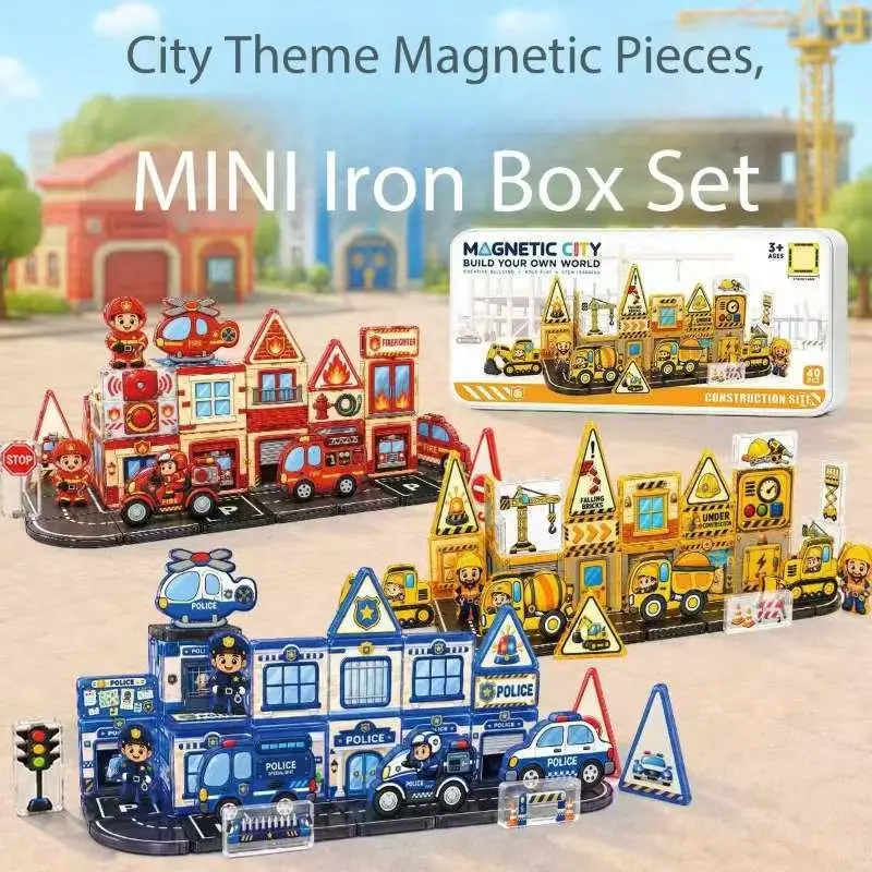 New Magnetic Tiles Firefighting Theme Magnetic Building Blocks With Fire Truck & Station Kids STEM Educational Construction Toys
