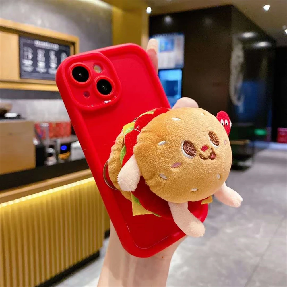 Cute 3D Cartoon Burger Fries Holder Case For iPhone 15 14 13 12 11 Pro Max Plus X XS Funny Lovely Korea Silicone Soft Back Cover