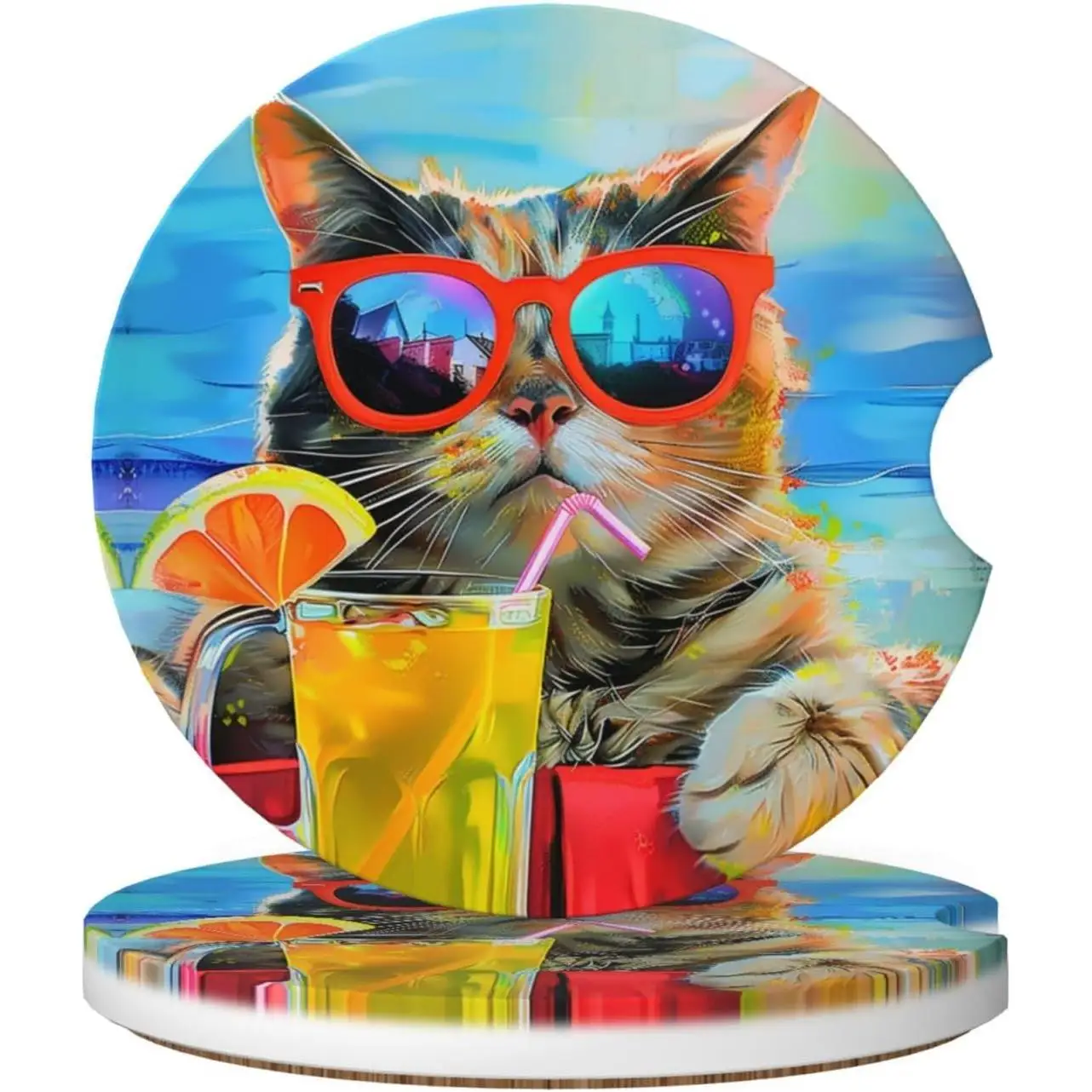 

2 шт. автомобильные подстаканники-салфетки с летним дизайном «Кот» для декора автомобиля, впитывающие влагу