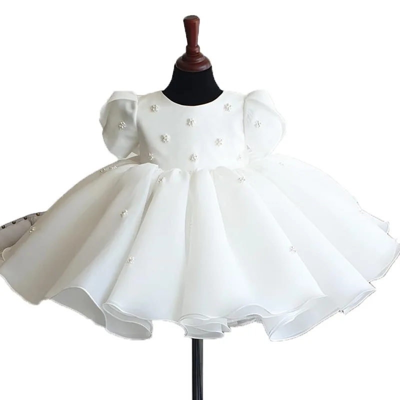 2024Girls\' Spring and Autumn New Year-Old Baby White round Neck Sweet Princess Dress