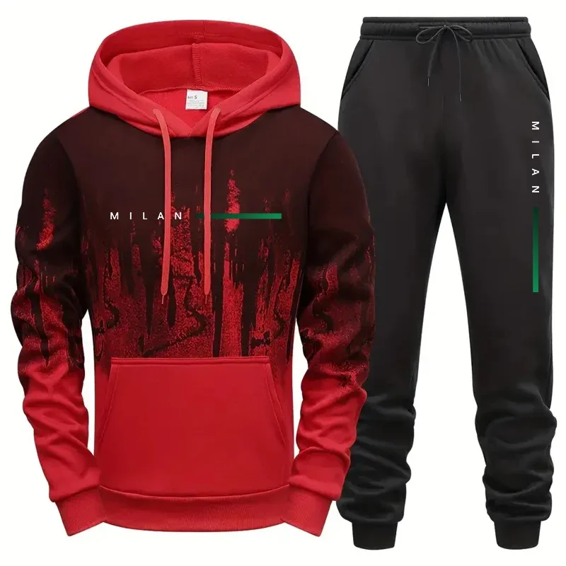 Nowy męski dres z nadrukiem w stylu splash-ink, bluza z kapturem, odzież męska do fitnessu, sportu, joggingu, pojedyncze elementy odzieżowe, topy, spodnie