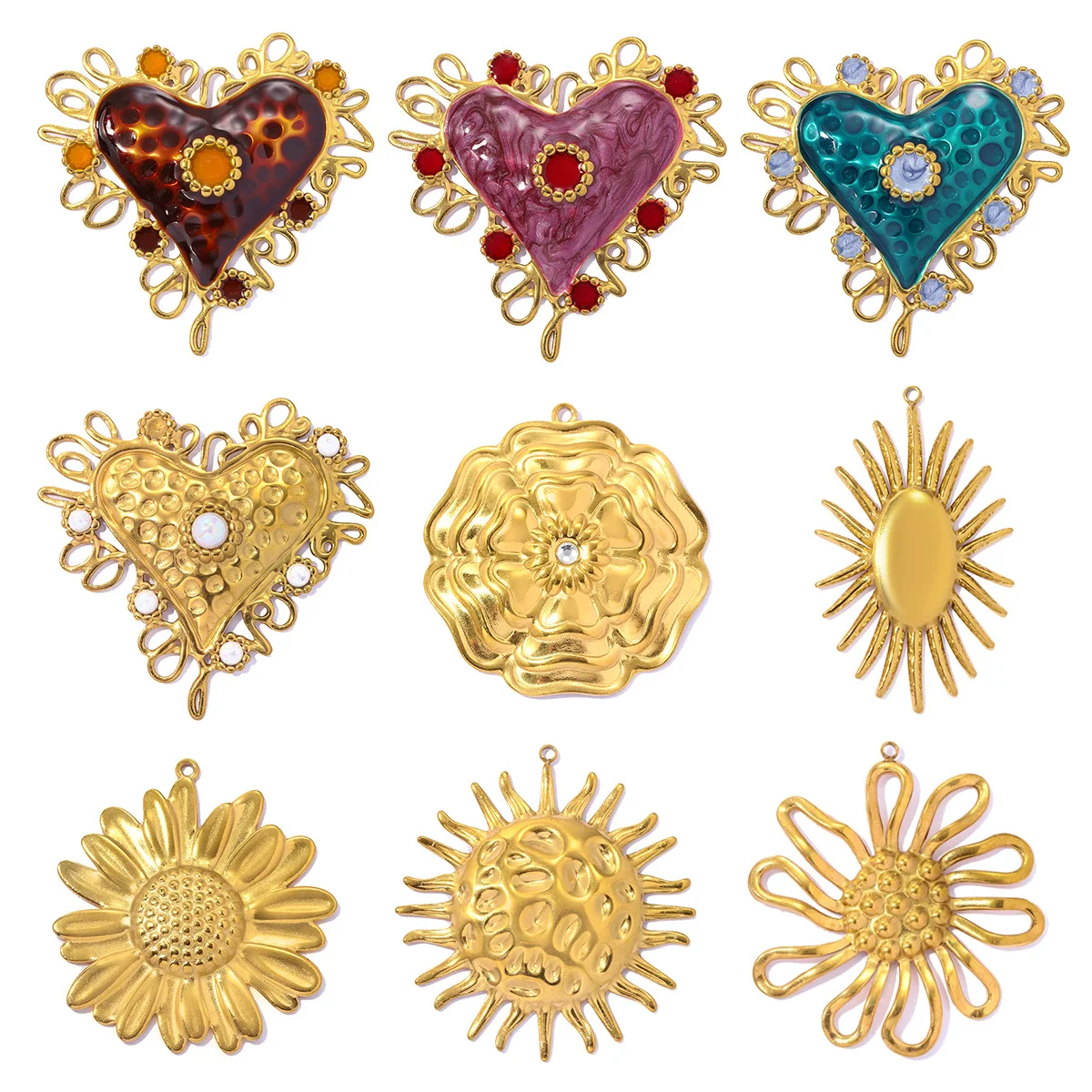 3pcs/Lot Large Stainless Steel Sun Sunflower DIY Earring Charms Daisy Flower Necklace Pendants Woman Heart Jewelry Wholesale