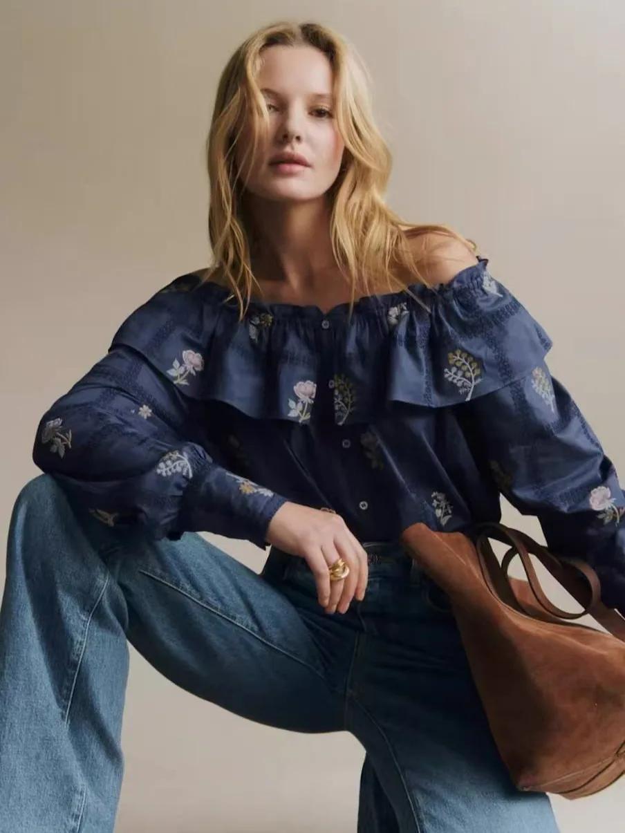 

Withered New Spring/summer 2026 Embroidered Ruffle Collar Top With One Word Collar Long Sleeve Shirt For Women