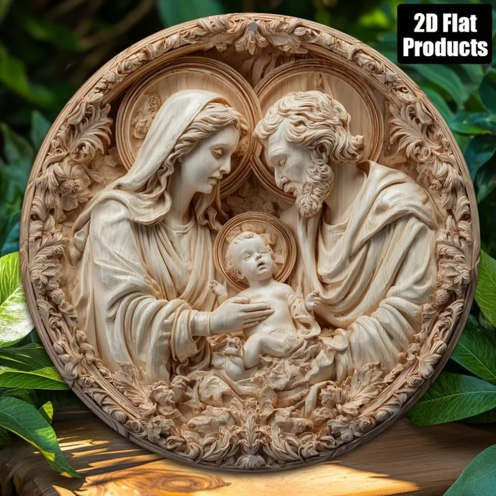 Krippenszene, rundes Aluminiumschild, Geburt Jesu, Metallplakette, Wanddekoration für Zuhause