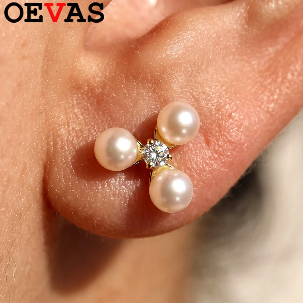 OEVAS 100% 925 Sterling Silver White Natural Freshwater Pearl Earrings for Women Classic Simple Pearl Fine Jewelry Gift