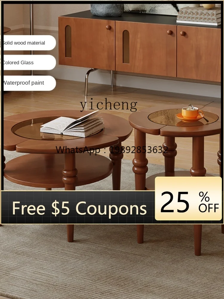 

ZZ Coffee Table Living Room Sofa Small Table round Retro Solid Wood Side Table Simple Glass