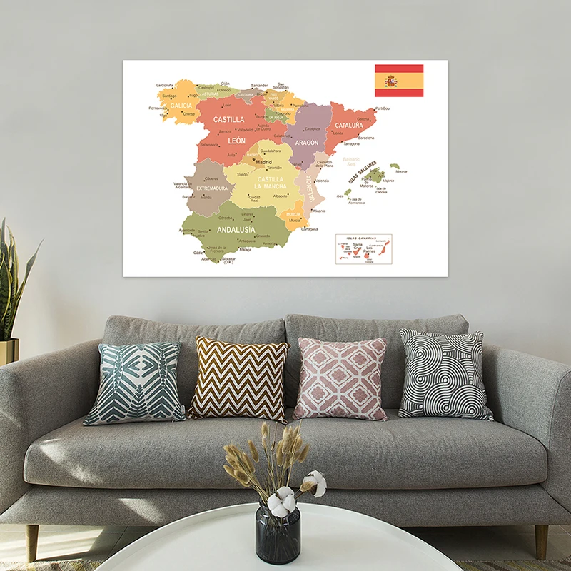 Carte espagnole en tissu Non tissé 120x80cm, décoration de la maison, fournitures scolaires, toile de fond artistique espagnol