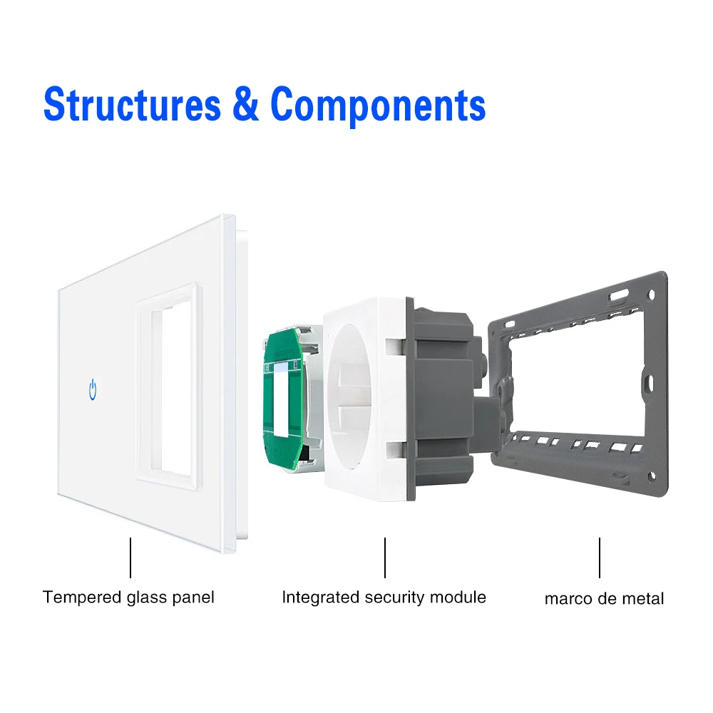 UBARO-EU Interruptor De Luz De Toque Padrão, Botão De Sensor Com Soquete, Tomada De Energia Elétrica, Plugues Com Moldura De Vidro De Cristal Temperado