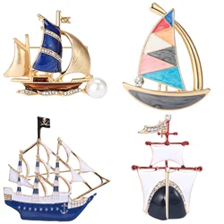 Enamel Sailing Boat Brooches for Women Unisex Pearl Steamship Pins Banquet Party Backpack Gifts Jewelry Accessories