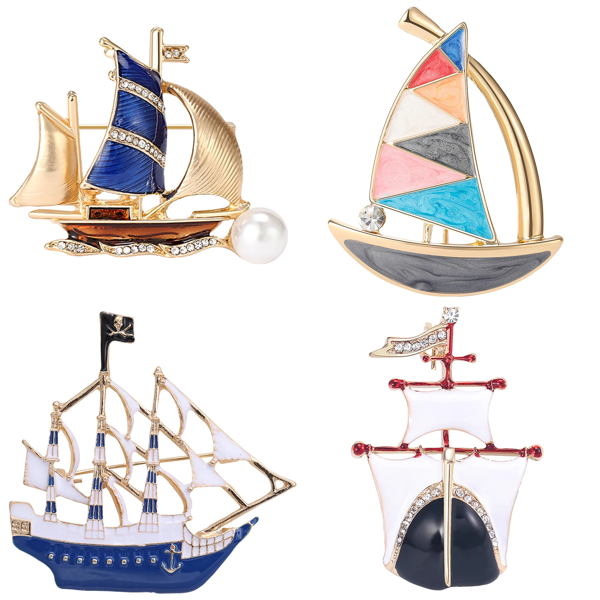 Enamel Sailing Boat Brooches for Women Unisex Pearl Steamship Pins Banquet Party Backpack Gifts Jewelry Accessories