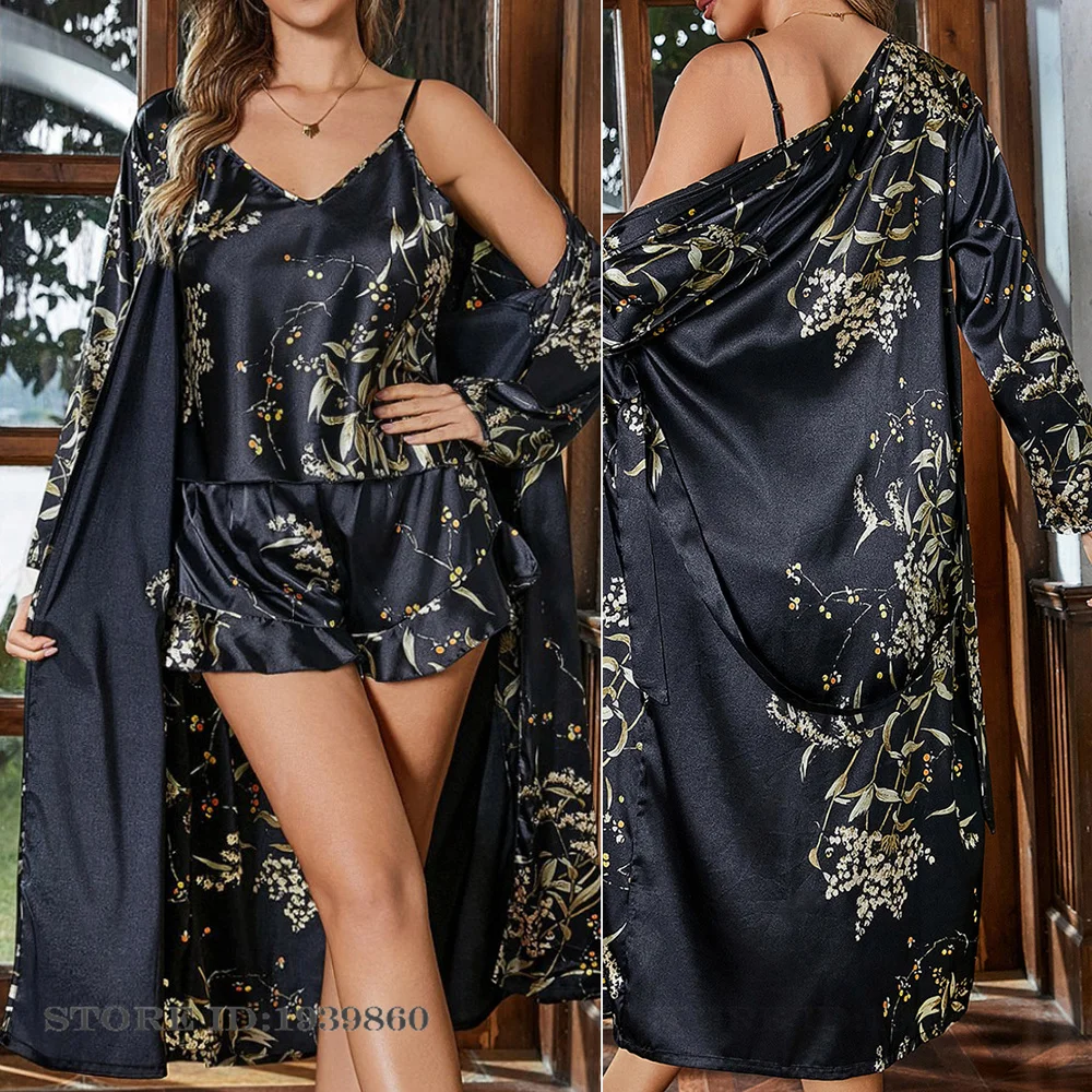 Female Long Robe Pajama 3PCS Set Spring Autumn Silky Satin Sleepwear Nightgown Print Flower Kimono Gown Bathrobe Loose Homewear