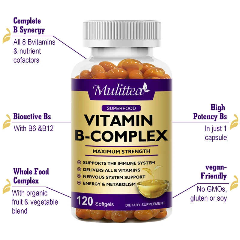 Mulittea 3X Complex Vitamin B  Supplements (B12 B2 B6） for Relieve Stress Improve Immunity System Energy Support