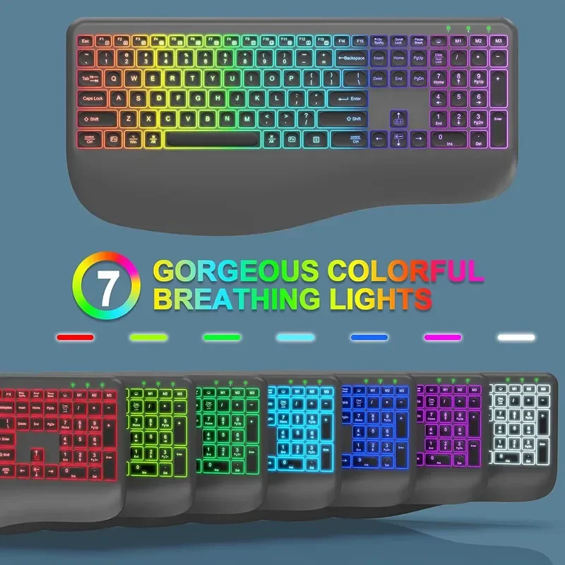 Wireless Keyboard And Mouse Combo With 7 Colors Backlit, Wrist Rest, 2.4G Rechargeable Ergonomic Full Size Light Up Wireless