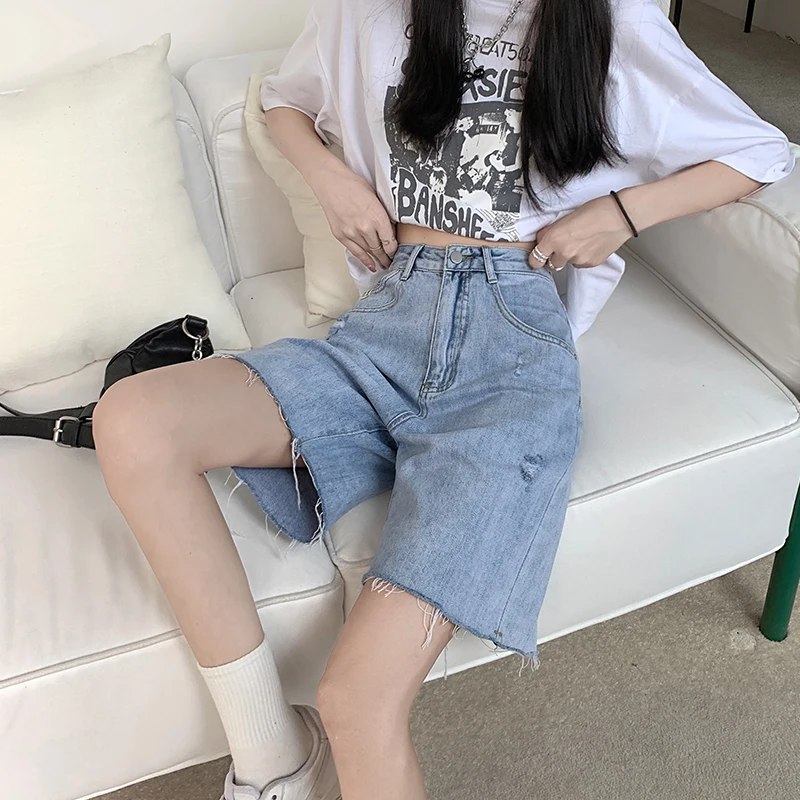 

Женские летние тонкие джинсы-шорты с высокой талией, прямые, широкие, в стиле High Street, модные, больших размеров, средней длины