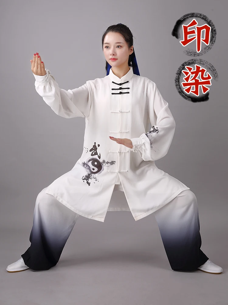 

Chinese Traditional Taiji Clothing Characters Painted Ink Flowing three-piece Set Tai Chi Practicing Martial Arts Performance