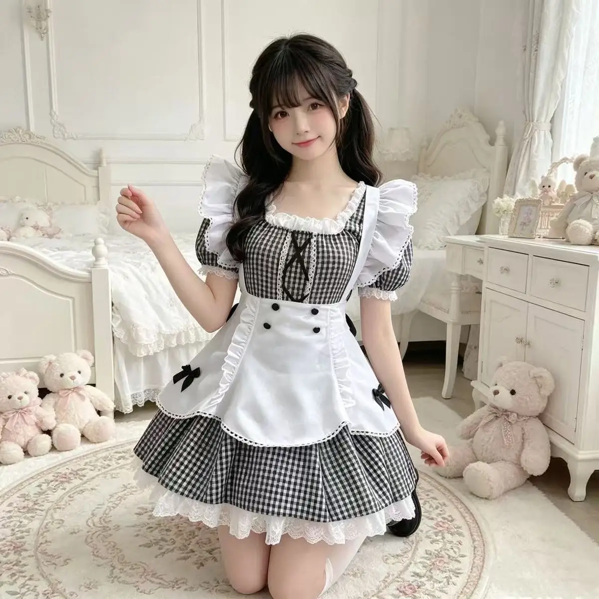 

SOIOMES Japanese-style cute bubble-sleeved apron, slimming Lolita dress, maid dress for women