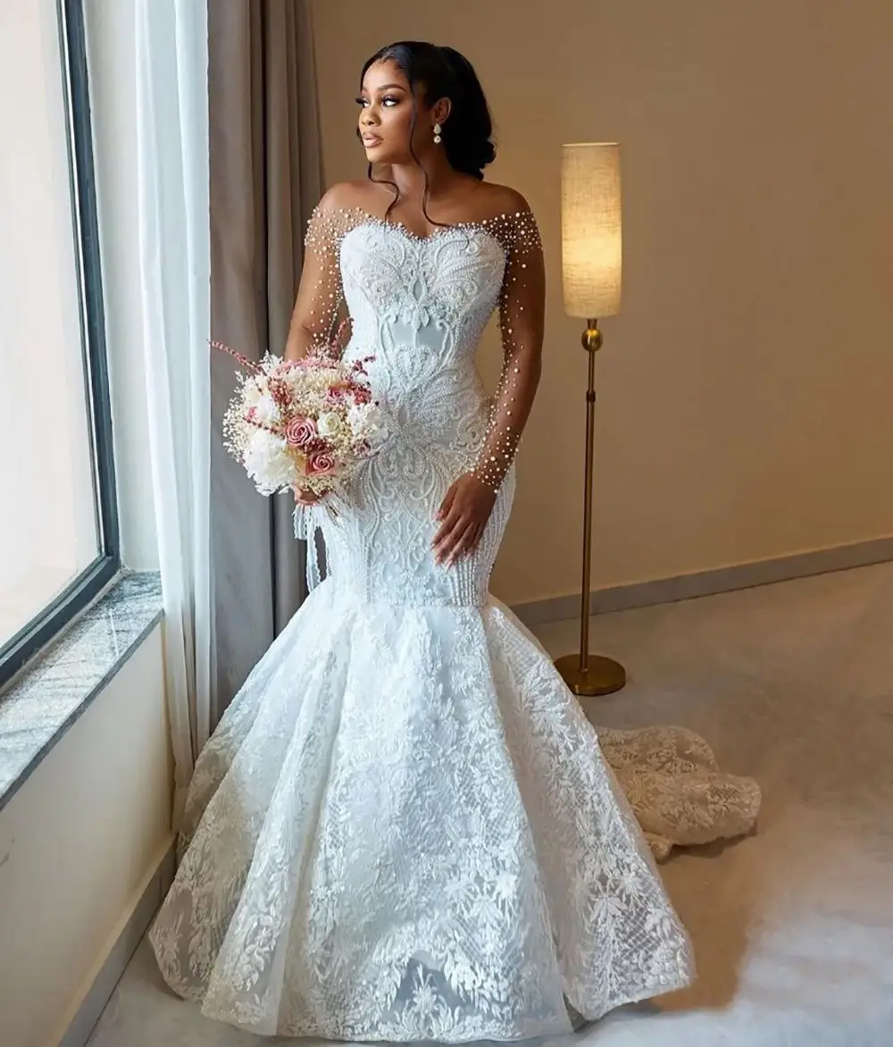 Customized Mermaid Wedding Dress Bridal Gowns For Bride Sheer Illusion Long Sleeves Appliqued Beaded Pearls Lace