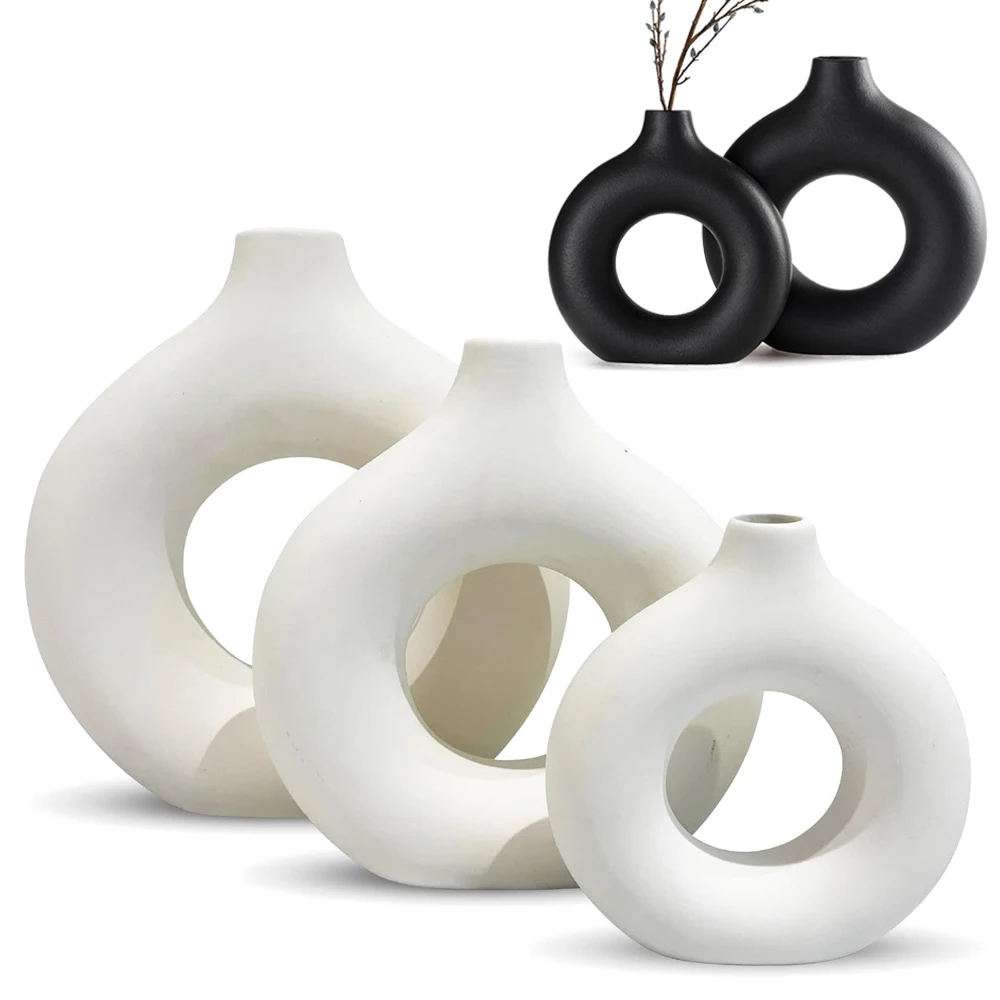 White Black Hollow Elliptical Vase Hollow Matte Pampas Flower Vases Boho Modern Home Entrance Table Decorative Crafts Ornaments