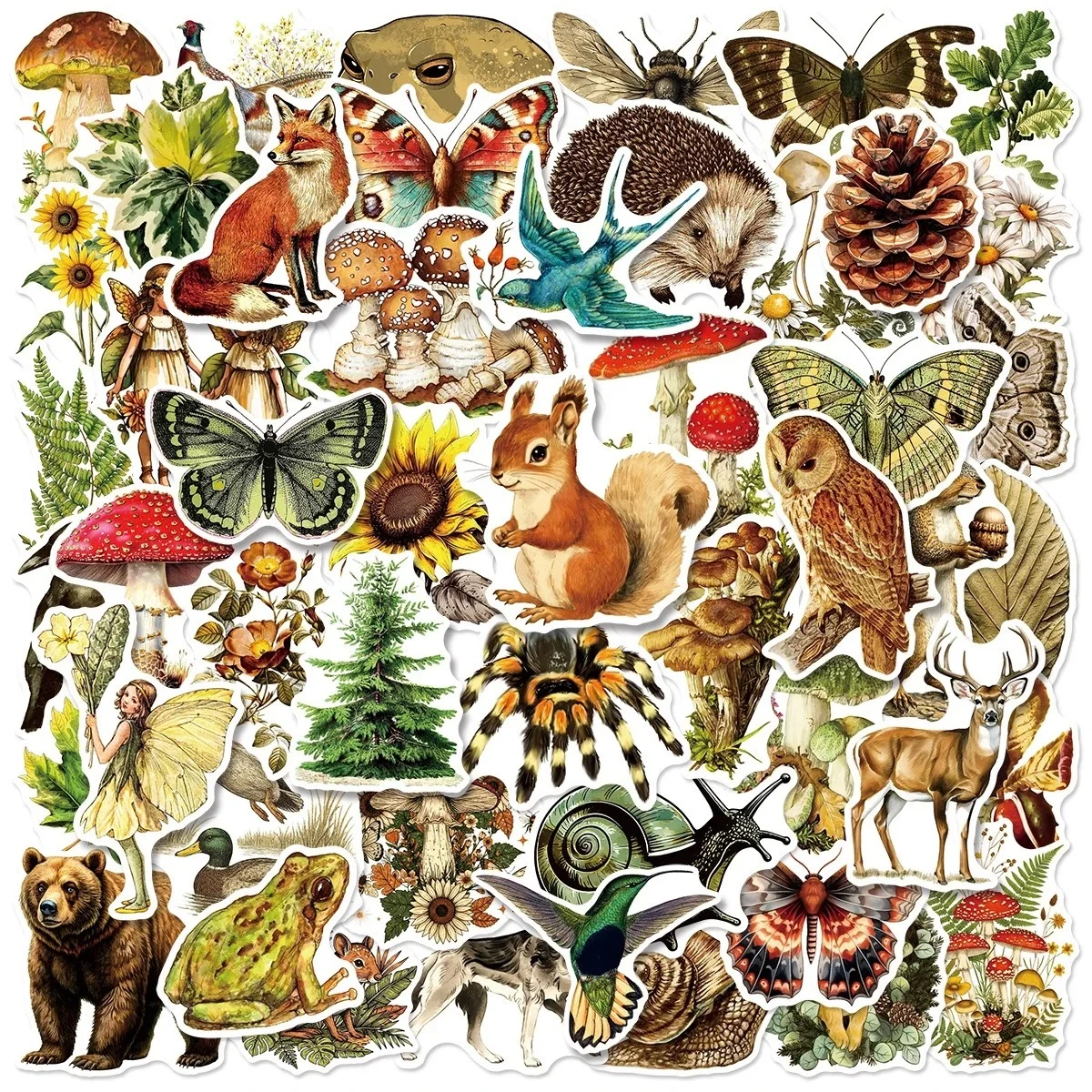 50/100 Uds. Pegatinas Retro de plantas y animales del bosque, calcomanías de grafiti estéticas para ordenador portátil, botella de agua, equipaje, cuaderno, pegatina impermeable