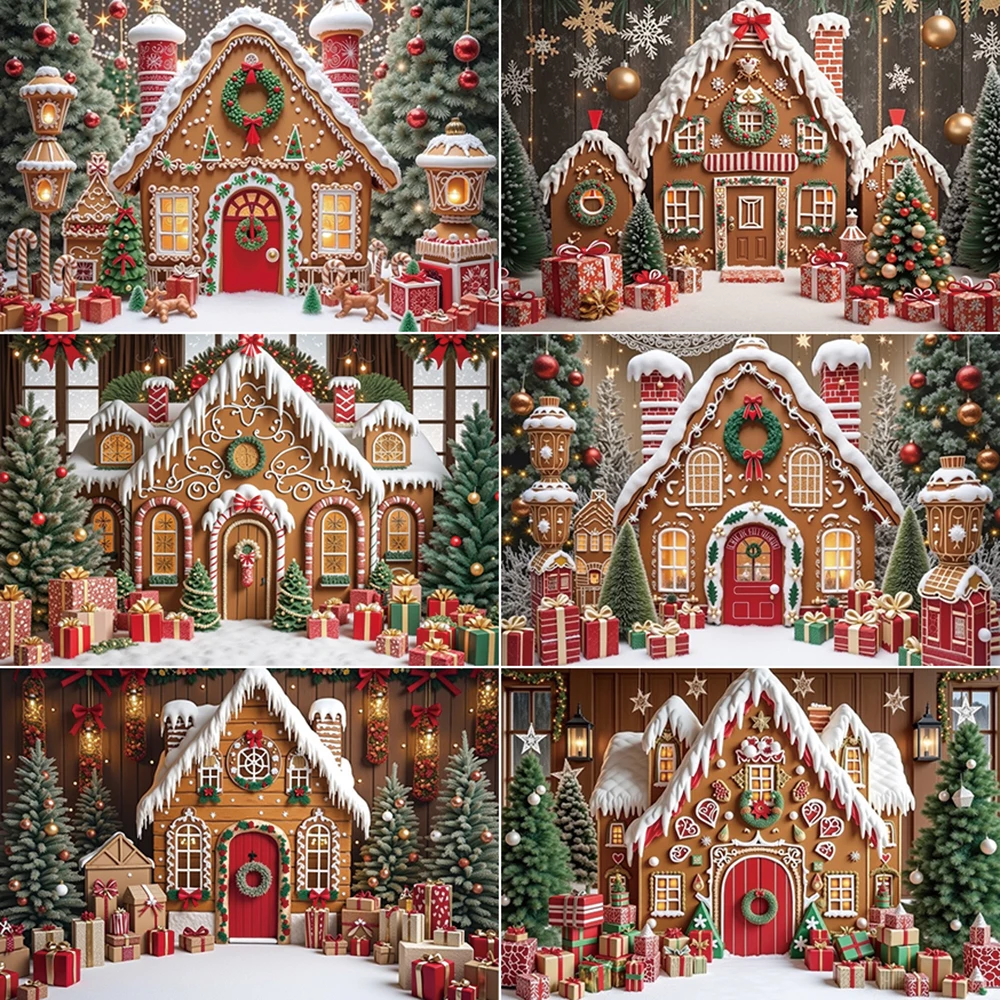 

MOON.QG Merry Christmas Background Photography Baubles Gingerbread House Xmas Trees Photocall Backdrop Baby Studio Accessories