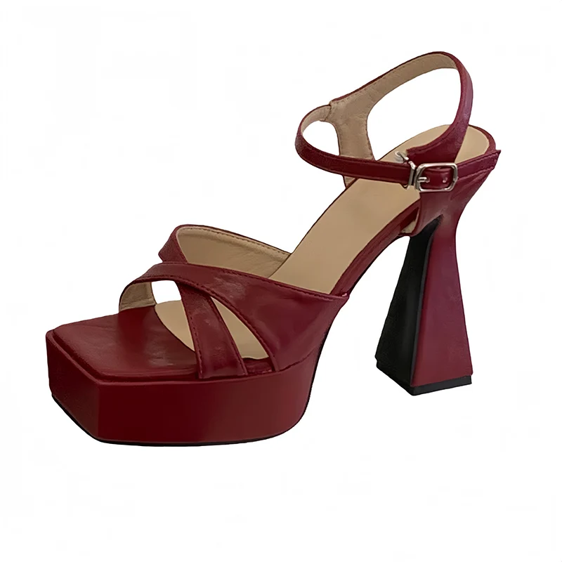 

Бордовые босоножки на высоком каблуке 12 см с массивной платформой, элегантные свадебные туфли для женщин, летние босоножки на каблуке, черные, серебристые