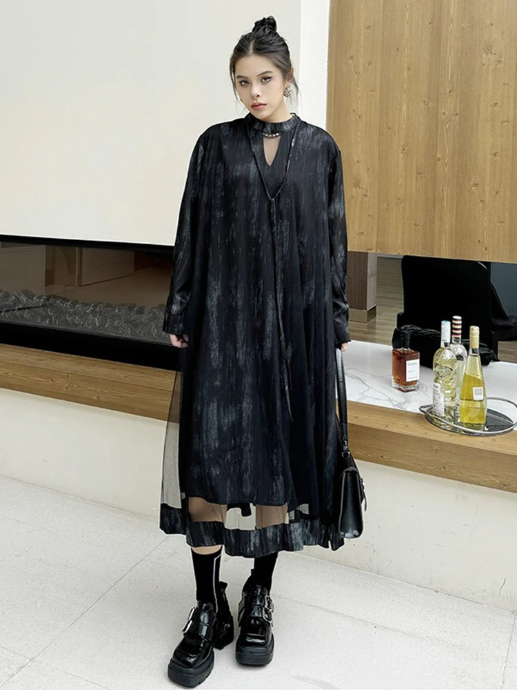 XITAO Gauze Patchwork Long Sleeve Female Dress Fashion Irregular V-neck Women Autumn New Simplicity Casual Dress 2024 GYX1001