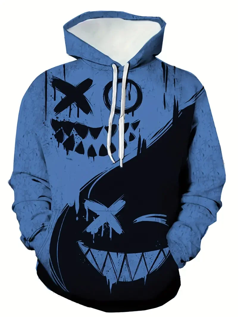 Men Autumn Winter Hoodie Cool Skull Face 3D All Over Print Drawstring Pullover Hooded Sweatshirt Street Hip Hop Tops