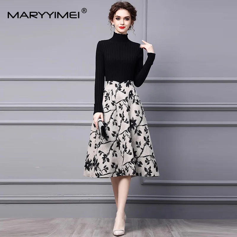 

MARYYIMEI Spring Summer Fashion Commuter Women's Dress Stand collar Long-Sleeve Color Block Patchwork A-Line Dresses