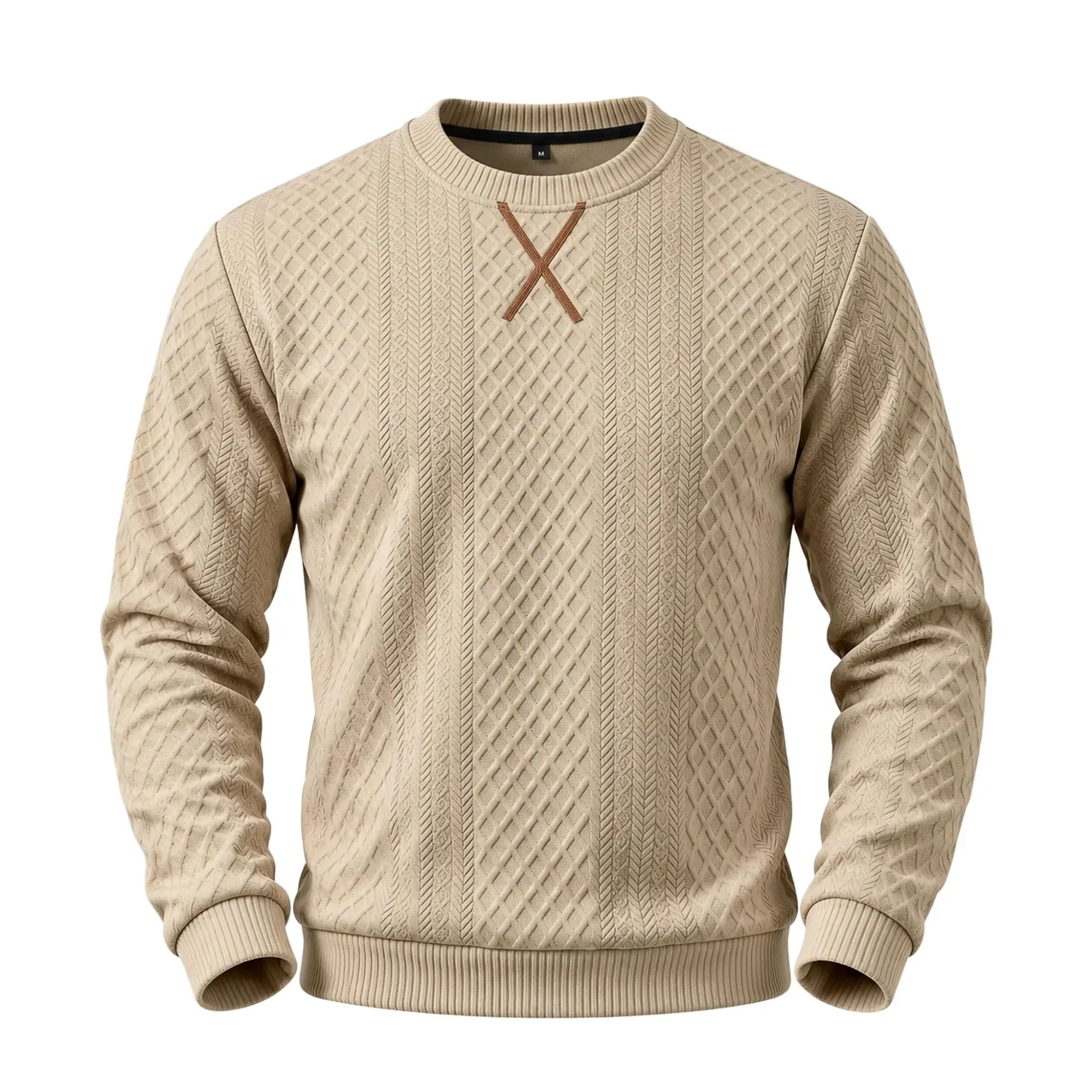 Men's Textured Jacquard Crew Neck Sweater X Stitched Autumn Long Sleeve Casual Pullover