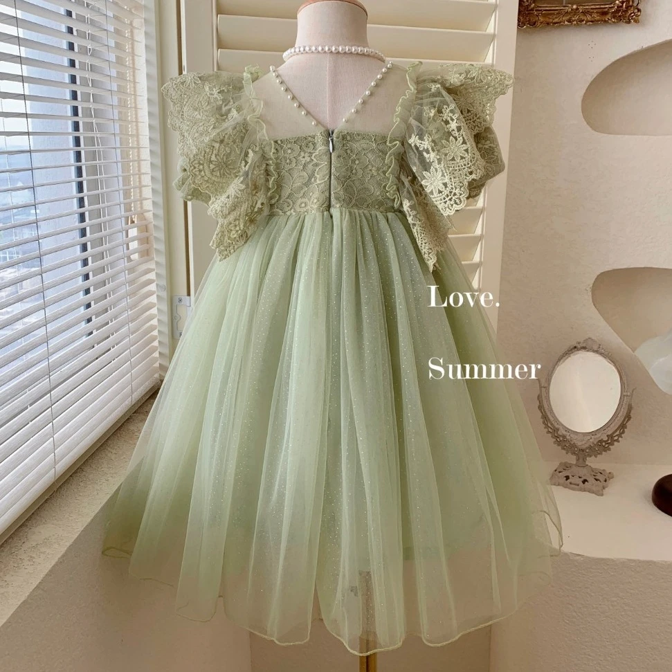 Summer New Fashion Children Clothing Korean Style Kids Princess  Party Dress With Lace Pearl Mesh Flare Sleeveless For Girls