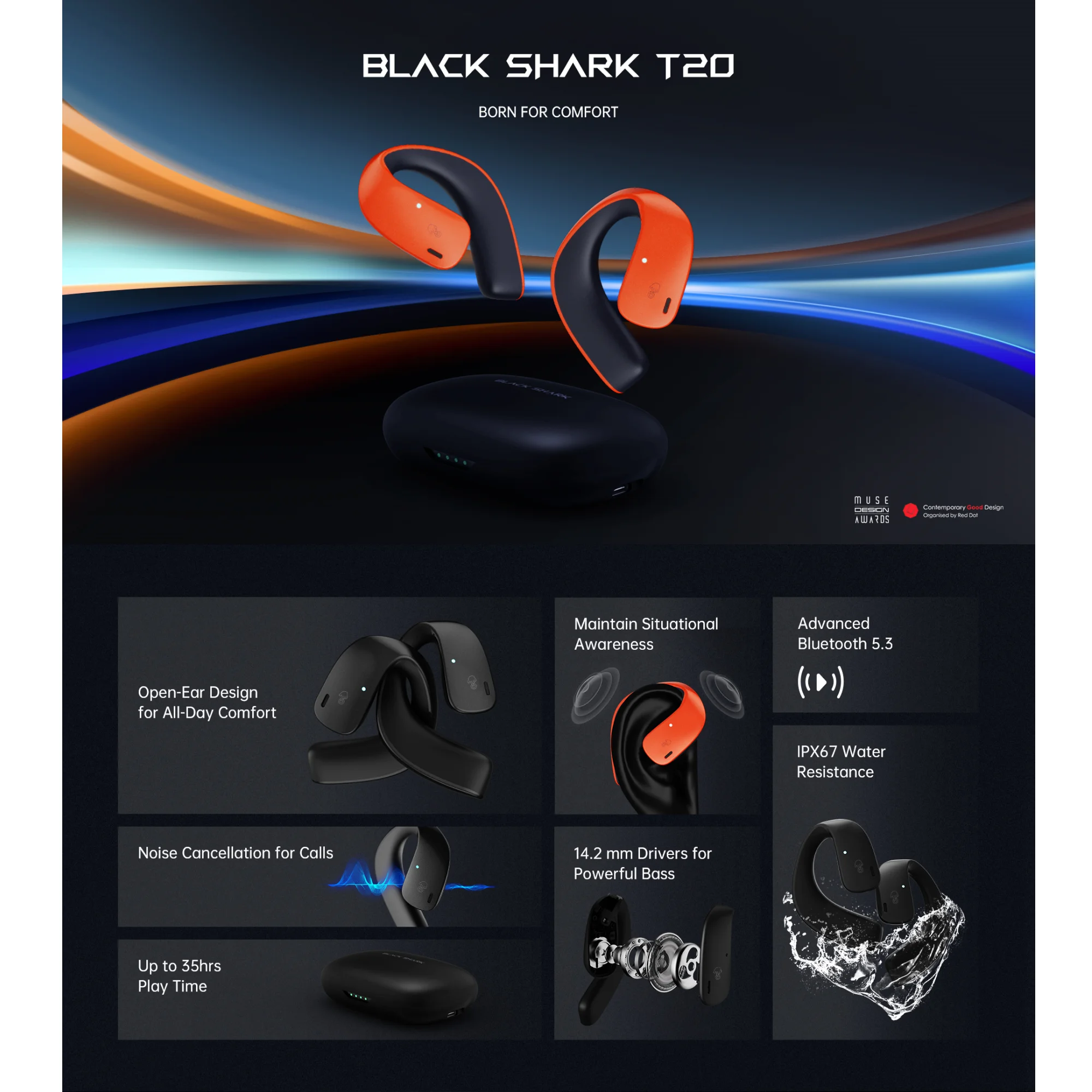 Black Shark T20 Wireless Earbuds, Bluetooth 5.3 IPX67 Waterproof Earphones, Over Ear Buds Stereo Deep Bass Headset with Earhooks