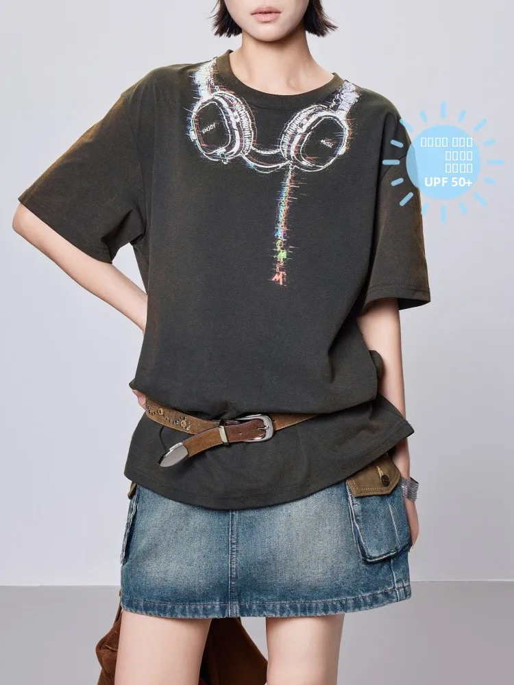 

Футболка Meiyang Love T с круглым вырезом и принтом, UPF50, женская повседневная хлопковая летняя футболка свободного кроя для пар, с коротким рукавом