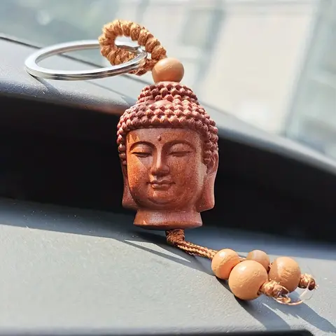 Mascotte ethnique acajou Unique en bois de pêche sculpté la tête de bouddha 3D porte-clés voiture porte-clés anneaux-cadeau parfait pour toute occasion