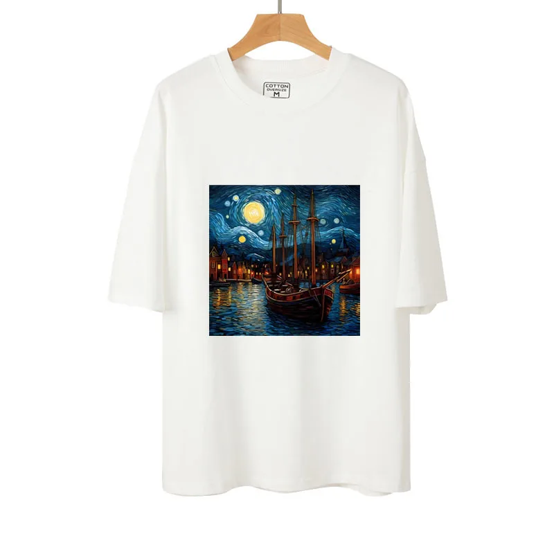 Retro Oil Painting Maritime City Ships Setting sun Iron On Transfer Art Sticker For Clothes T-shirt DIY Heat Transfer Patch DTF