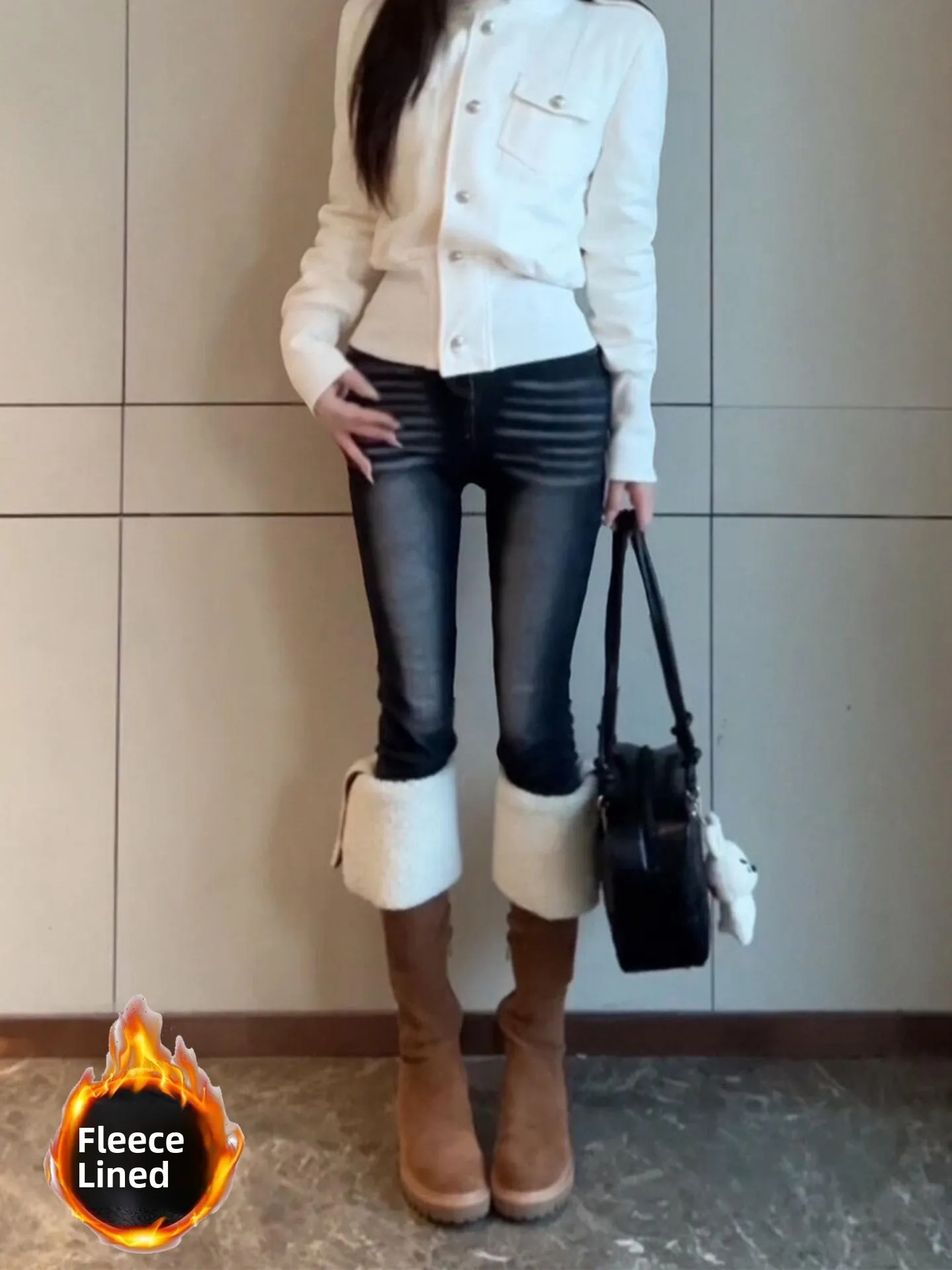 Mulheres Slim Fit Nove Quentes Fce Forrado Denim Jeans Outono Inverno Cintura Baixa Distrar Cor Pura Mid Stretch Design Chinês