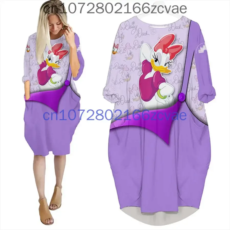 

2024 Disney Women's Dress New Casual Fashion Daisy Duck Batwing Pocket Dress Street Y2K Loose Women's Batwing Pocket Dress