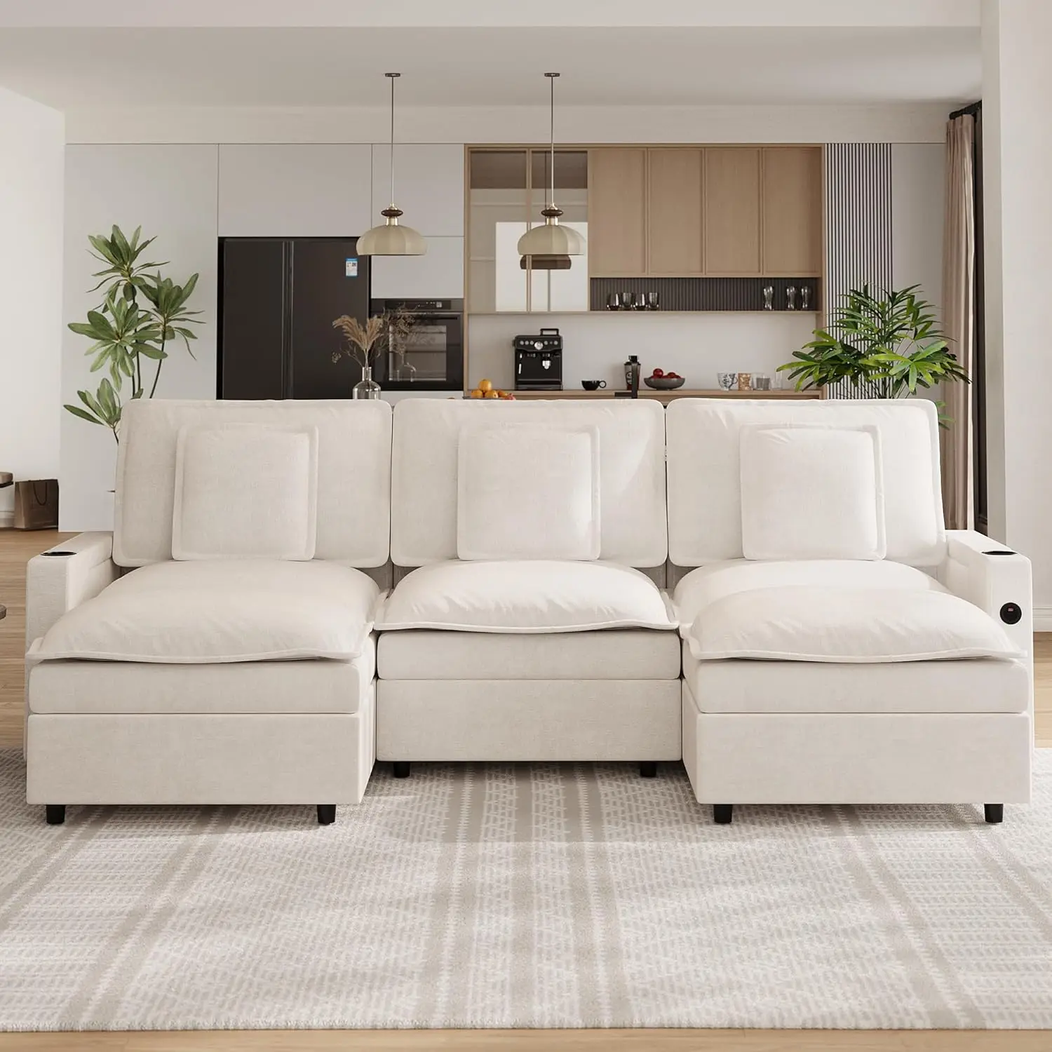 

108'' Chenille Modular Cloud Couch, U-Shaped Sectional Sofas, Storage Armrest, Movable Ottoman, Charging Station, Beige