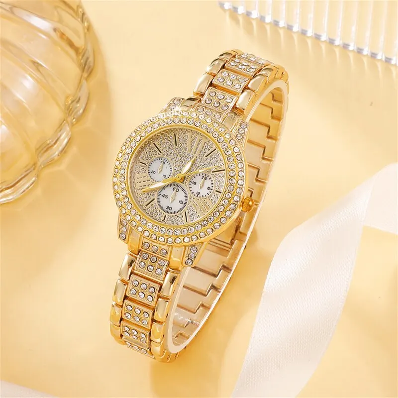 ชุดนาฬิกาหรู6ชิ้นสร้อยคอต่างหูแหวนผู้หญิงต่างหูนาฬิกาข้อมือแฟชั่นไรน์สโตนชุดสร้อยข้อมือนาฬิกาผู้หญิงแบบลำลอง