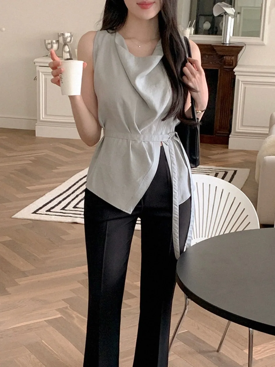 우아한 민소매 셔츠 여성 여름 새로운 스타일 허리 조임 태슬 트리밍 스탠드 칼라 비대칭 시크 블라우스