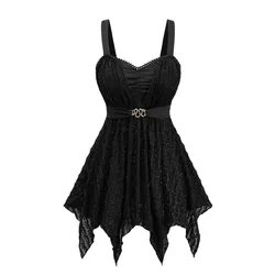 ROSEGAL Plus Size Silver Line Snake Buckle Lace Trim Ruched Tank Top Women Spring,Summer Black Casual Tops New