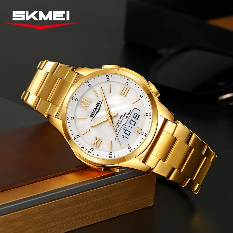 SKMEI 2459 Fashion Men's Electronic Quartz Watch Multifunction LED Luminous Calendar Alarm Clock Dual Display Watches for Man