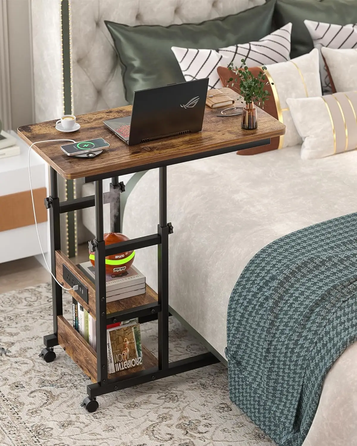 

Height Adjustable End Table with Charging Station, Mobile C Shaped Laptop Side Table with Wheels, 3-Tier Sofa Couch Table